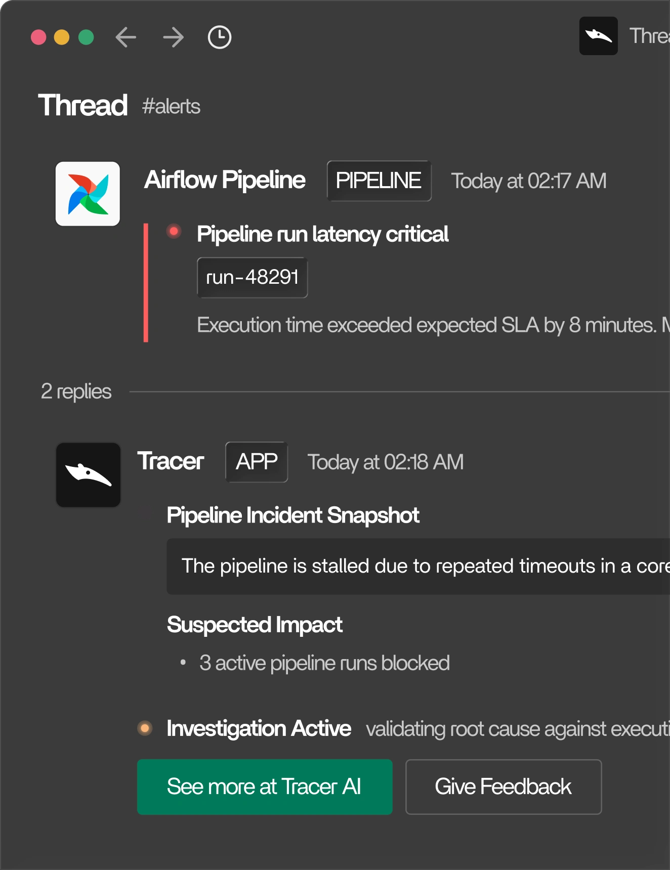 Tracer automated alert investigation on mobile